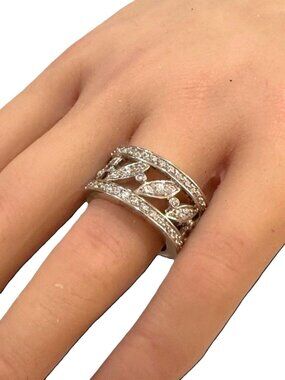 Vintage Open Work Band Silver Tone Simulated Diamonds Size 7